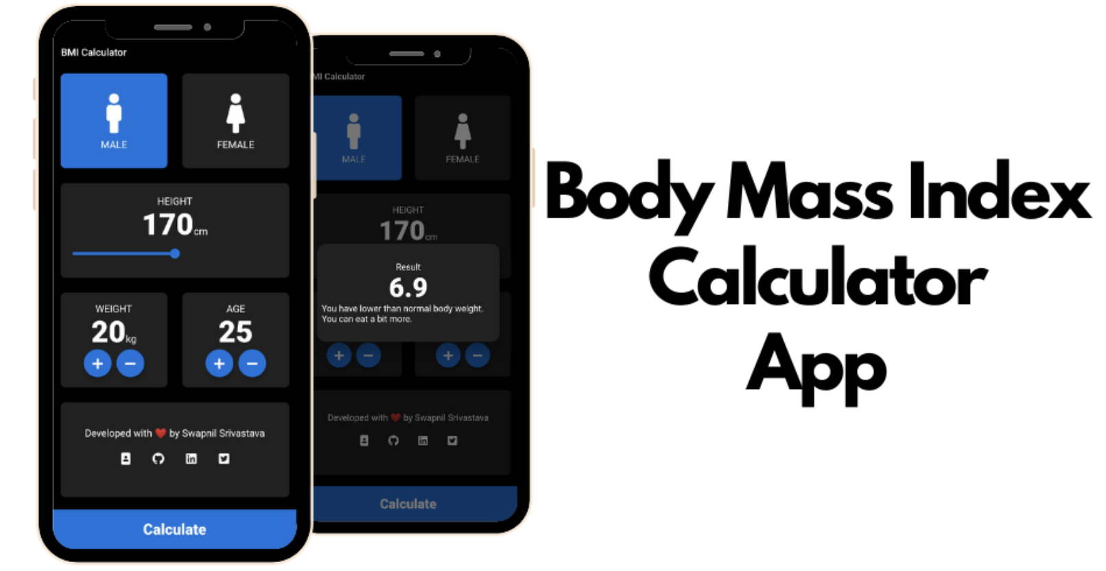 Simple BMI Calculator app which calculated Body Mass Index using flutter
