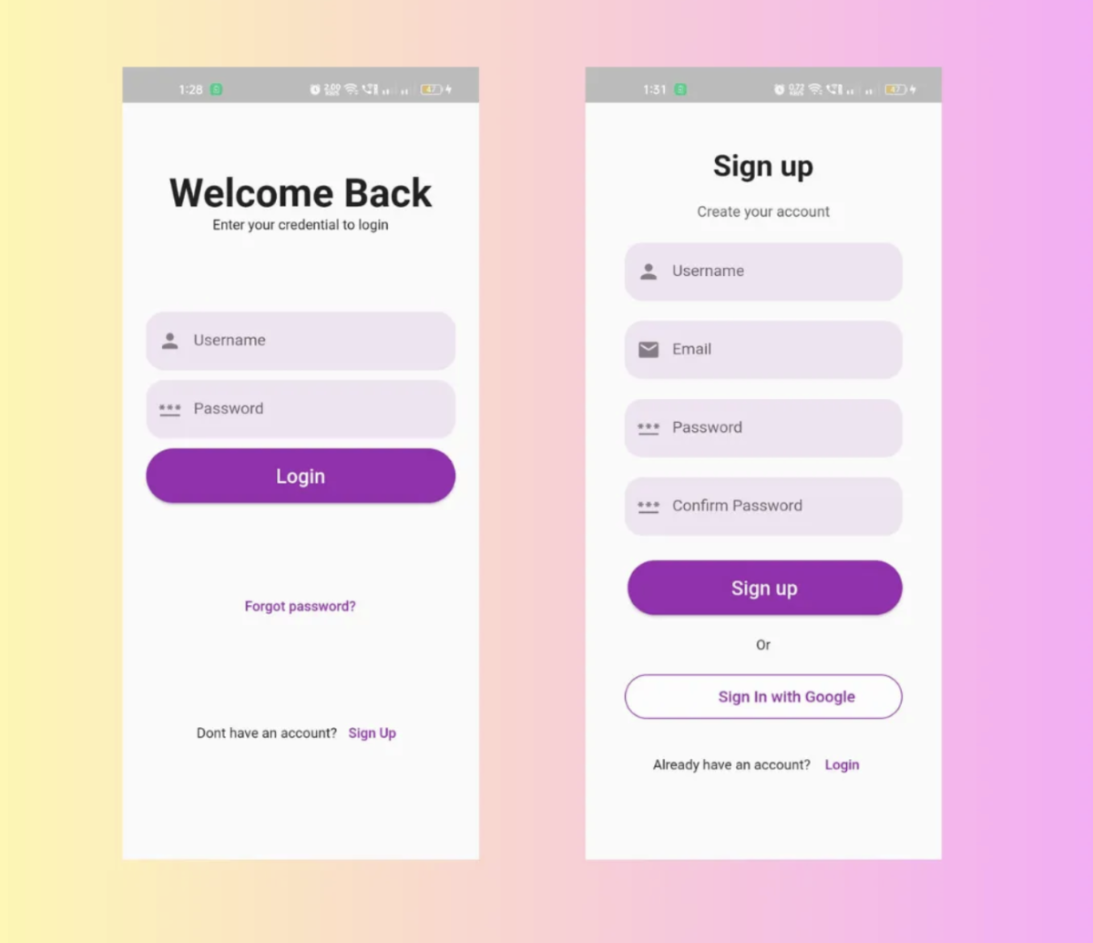 Login and Signup ui screen in flutter with source code
